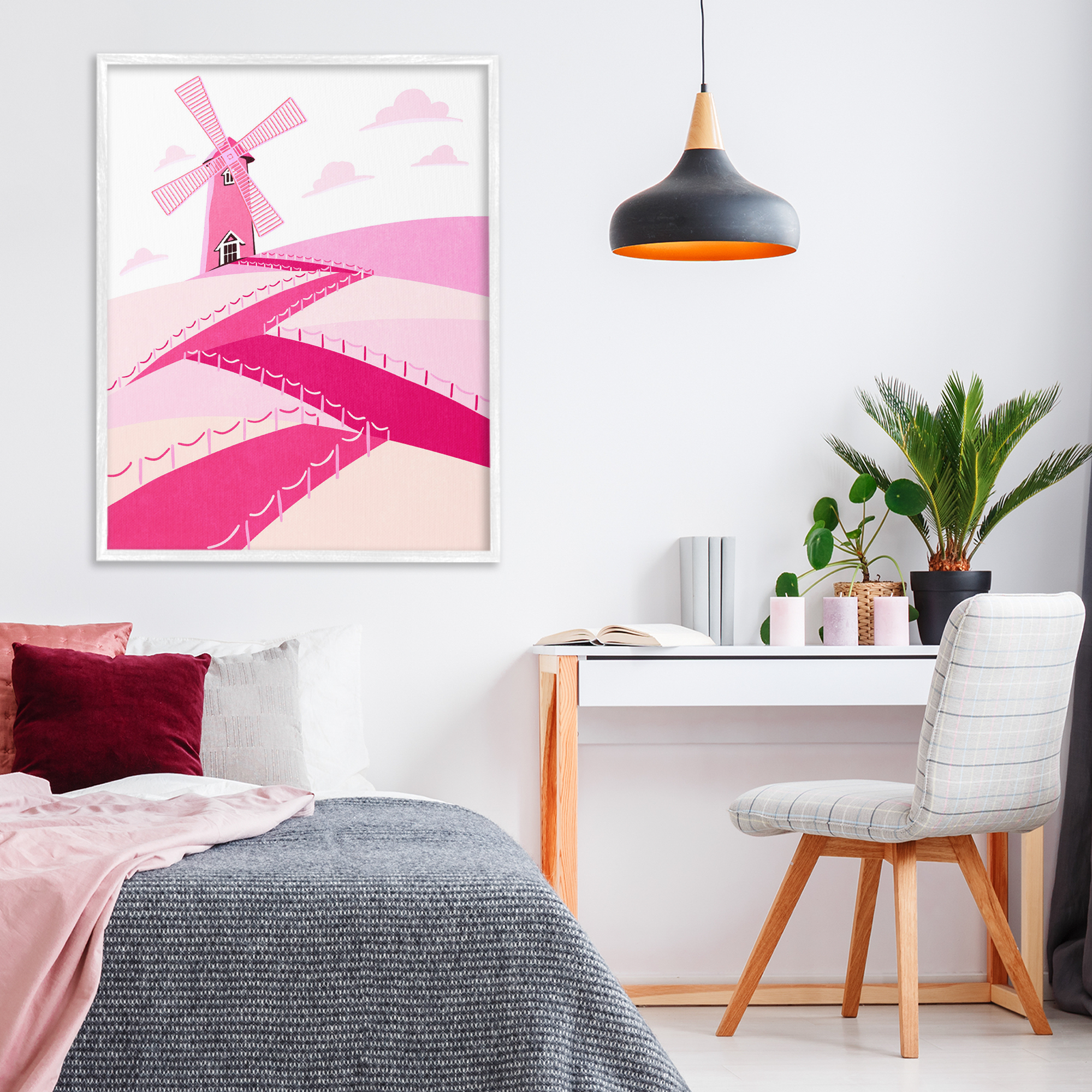 Pink Hills and Windmill White Framed Giclee Art, design by Ziwei Li