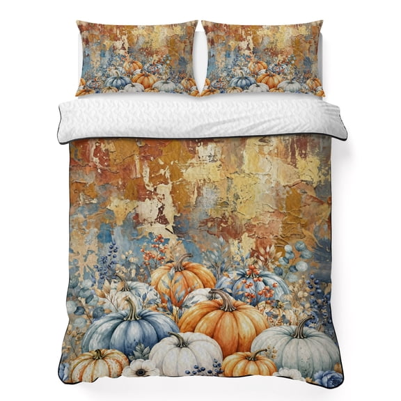 Quilts King Size Bedding Set, Burnt Orange Fall Lightweight Quilted Comforter, Vintage Thanksgiving Blue Pumpkins Soft Reversible Bedspread Coverlet with Pillow Covers for All Season, 96" x 106"