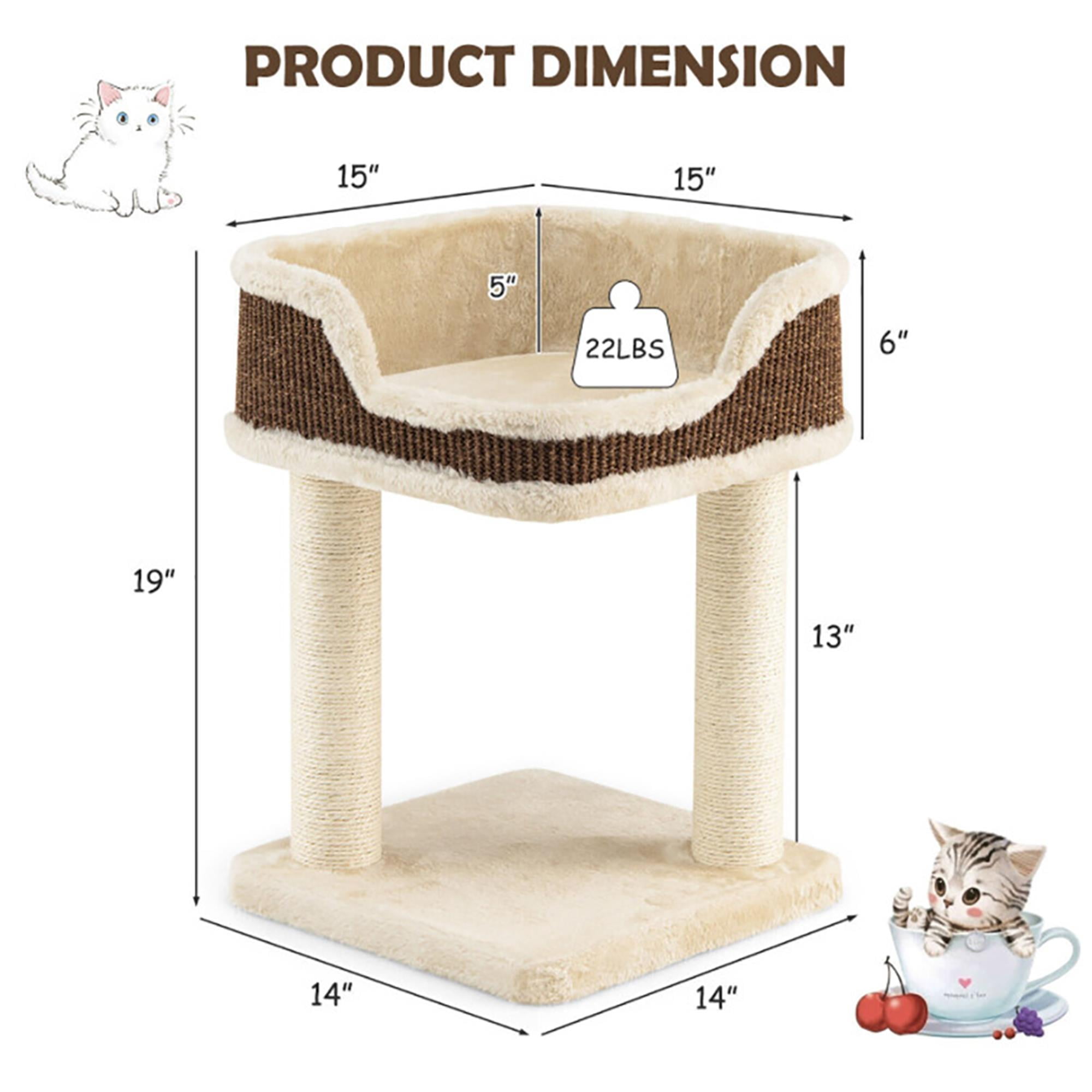 Kadyn 16" Cat Tree Tower for Indoor Cats with Large Plush Perch, Natural Sisal Scratching Post for Small Cats, Beige