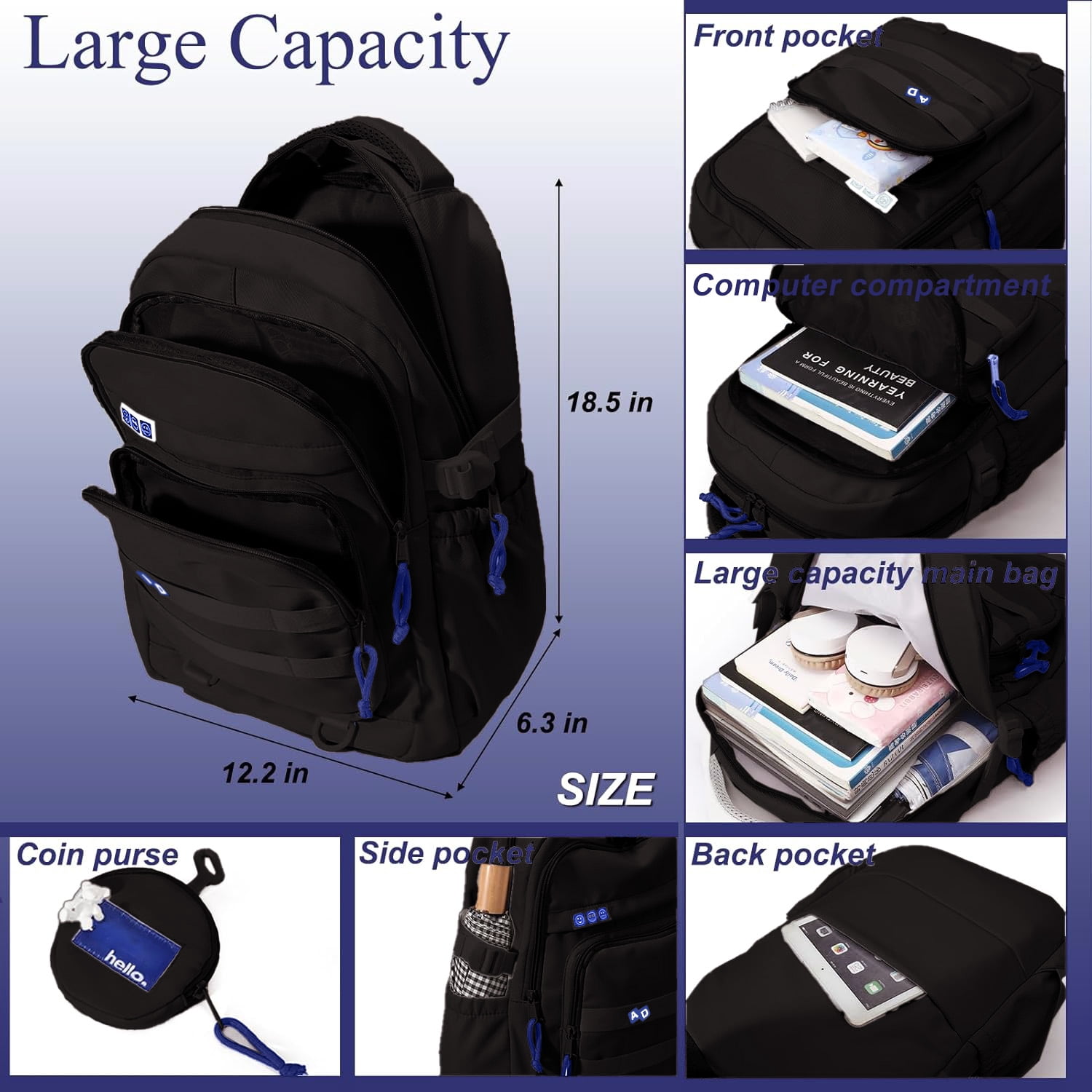 DAKIMOE Large School Backpack for Girls Boys Lightweight Spacious Kids Bookbag with Multiple Pockets for Middle School College, Black