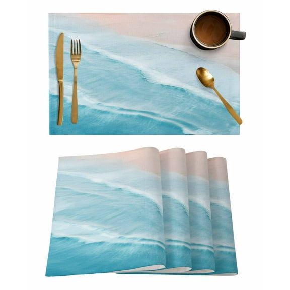Teal Blue Placemats Set of 6 Gradient Sea Waves Sandy Beach Coastal Scenery Heat Insulation Washable Place Mats, Rustic Non-Slip Table Mats for Dining Table Party Kitchen Decor,13x19 Inch