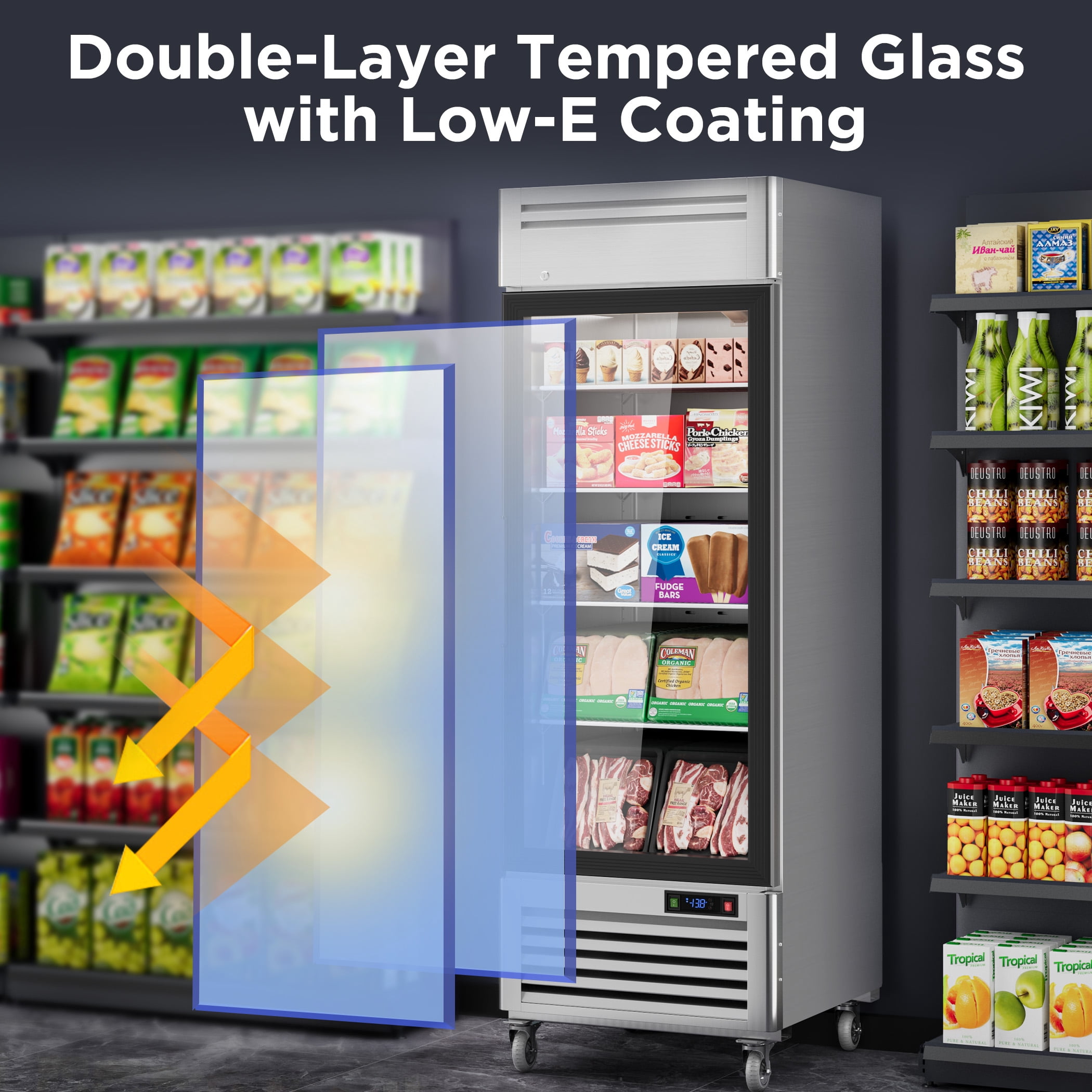 Coolake 27" Glass Doors Commercial Display Freezer, 23 Cu. Ft Stainless Steel Upright Merchandiser Freezer