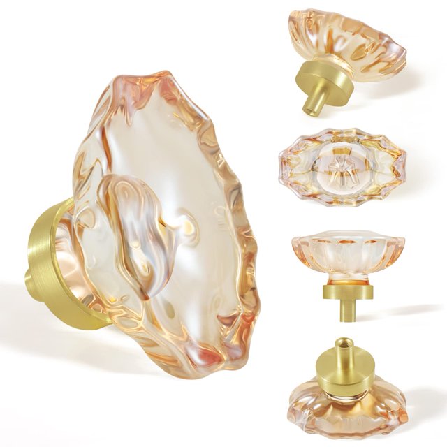Tiradores brillantes, paquete de 4 pomos y tiradores de cristal para gabinete, pomos ovalados de cristal color champán para cajón de cómoda con base de latón satinado/oro cepillado