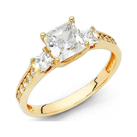 14k Yellow Gold Three Stone Princess CZ Engagement Ring Anniversary Square CZ Band Side Stones Size 7