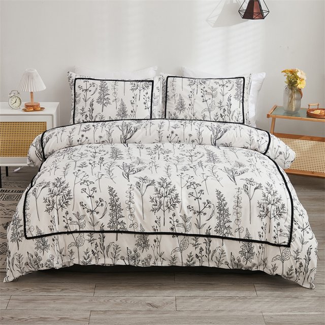 Move Over White Black Plants Bedding Sets Queen Black Mini Pom Poms Duvet Cover Set Ruched Floral Pattern Microfiber No Filling