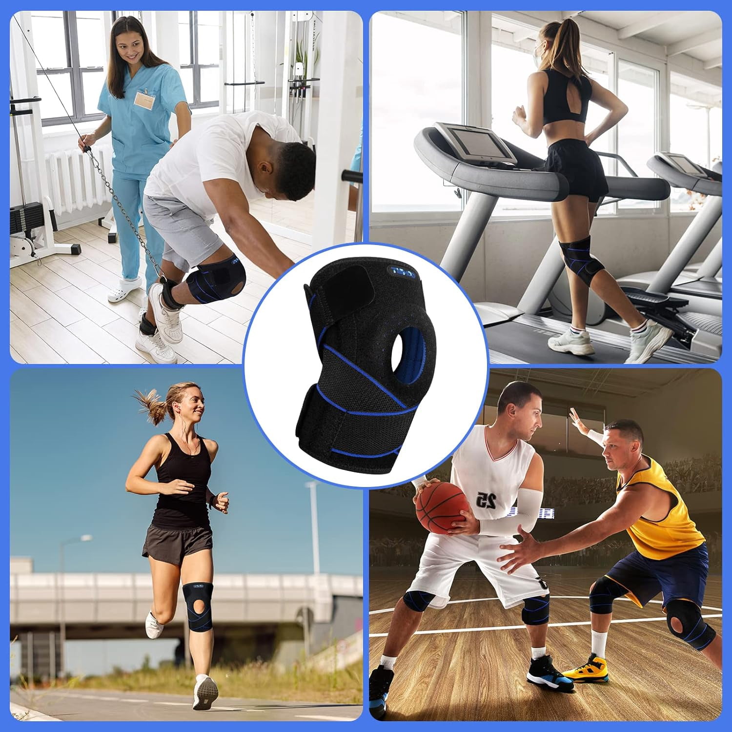 Knee Brace for Knee Pain, Adjustable Compression Support with Patella Gel Pad & Side Stabilizers, Knee Wraps for Men & Women, Meniscus Tear, Arthritis, MCL, ACL, Pain Relief, Working (Blue, Onesize)