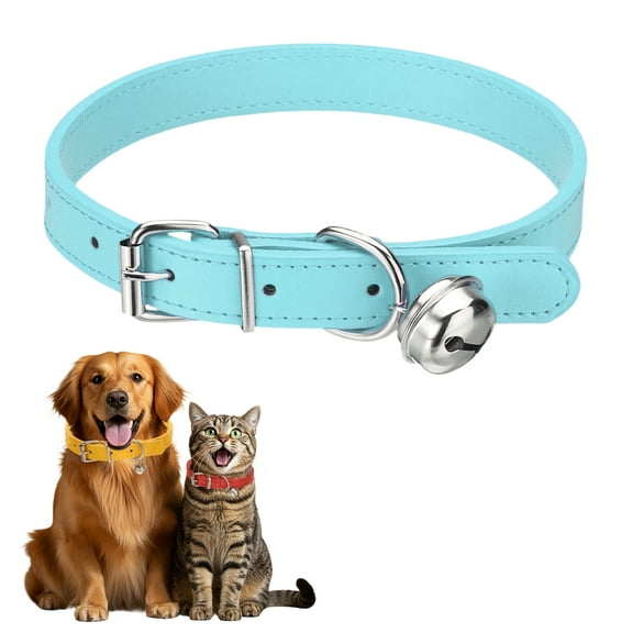 Dog Collar with Bell, Pu Leather Cat Collars Pet Basic Soft Padded Adjustable Buckle, 20" (Sky Blue, 1 Pcs)