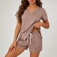 thumbnail image 3 of Bloomae Womens Two Piece Sets Summer V Neck Basic Solid Color Athletic Workout Short Sets Loose Casual Side Slit Short Sleeve Pullover Tops and Drawstring Elastic Waist Shorts with Pockets Brown L, 3 of 7