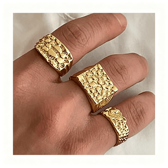 DESIGNICE 3Pcs Gold Chunky Knuckle Rings for Men,Punk Stackable Finger Rings Set,Hip Hop Harmmered Texture Statement Trendy Simple Jewelry Gold Rings for Men