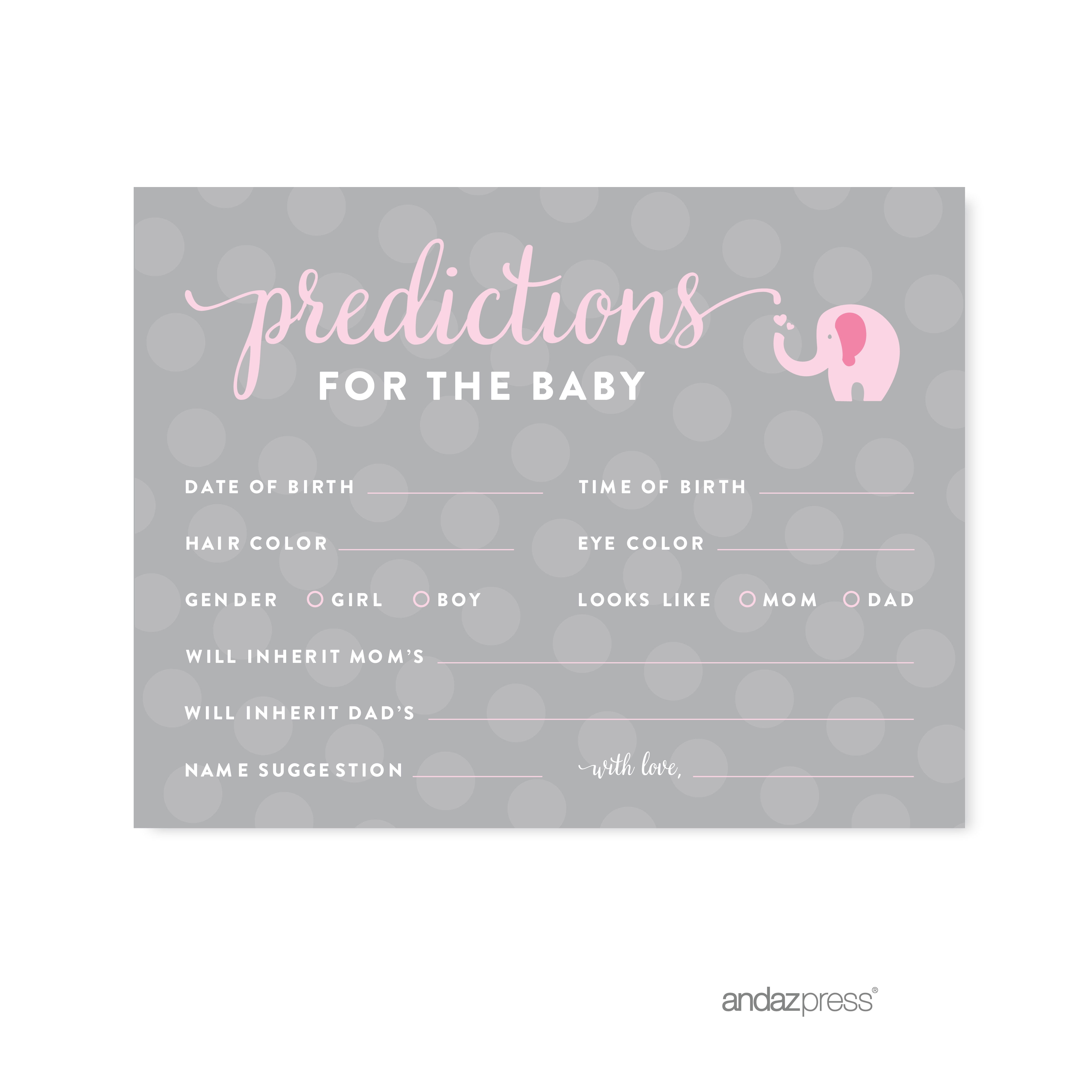 Baby Shower Party Girl Keepsake Game Pink Baby Elephant 20 PREDICTION CARDS 