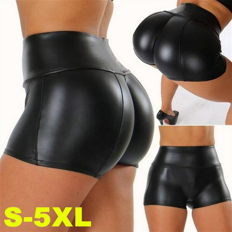 Women's Flexible Club Faux Leather Shorts High Waisted Sexy Disco Short Hot  Pants, Black, 3XL