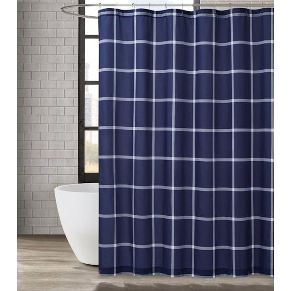 Truly Soft Printed Windowpane White and Navy Polyester 1-Piece Standard Shower Curtain, geometric themed, for Men and Women, OEKO-TEX Certified Confidence