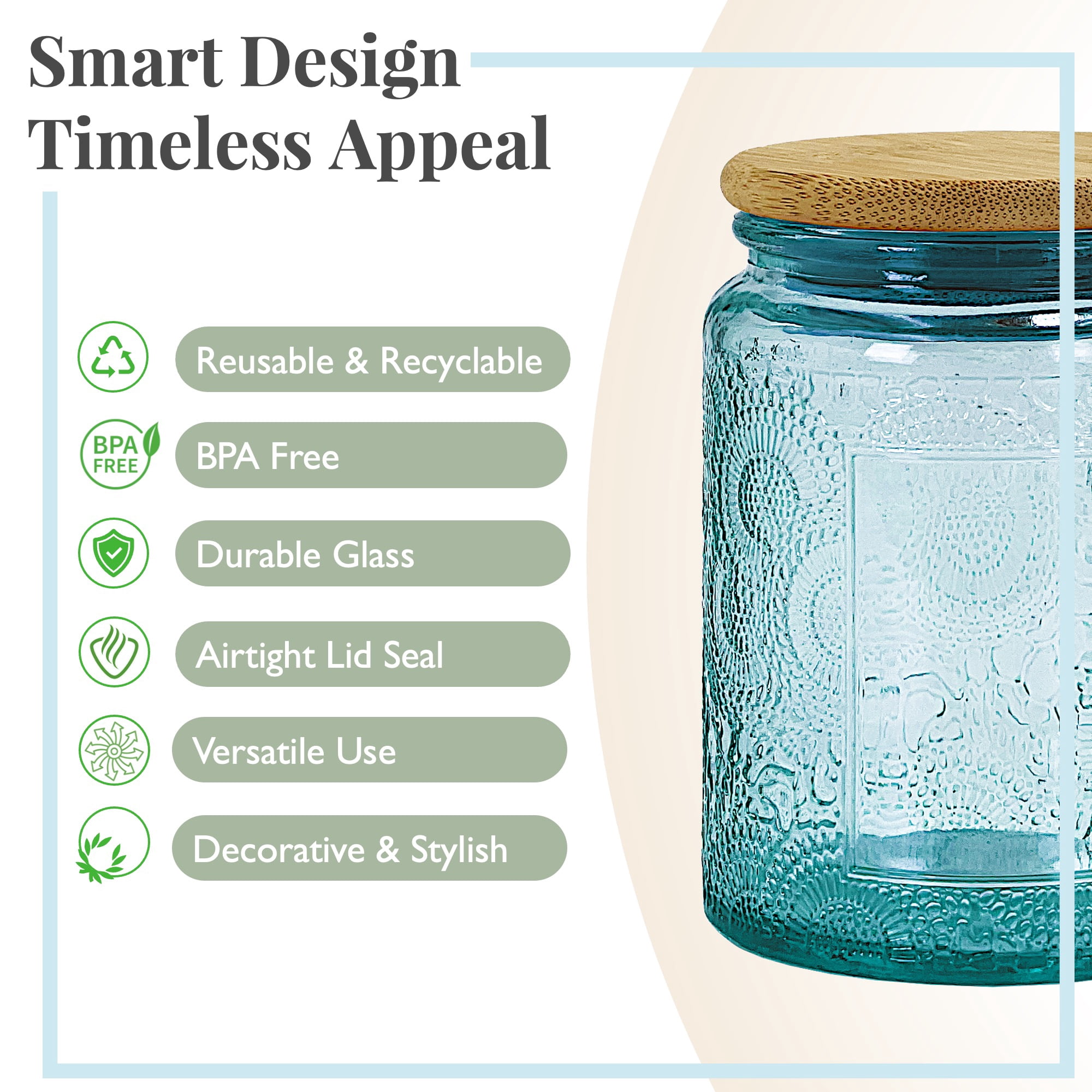 LINGSHINE 8oz Blue Glass Jars with Reusable Bamboo Lids, 6 pack Embossed, Home Décor Food Storage Candle Parties Wedding Baby Shower Favors Gift