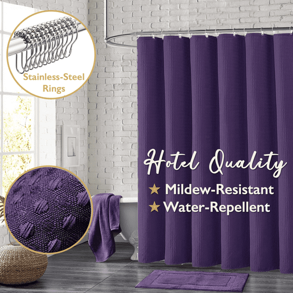 ComfiTime Cortina de Ducha de Tela con Ganchos: Cortina de Baño de Lujo para Hotel, Resistente, Repelente Al Agua, Resistente Al Moho y Hongos, Lavable a Máquina, 72 x 96, en Relieve, Berenjena