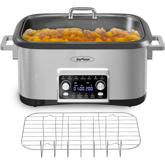 8 Quart Slow Cooker, 12 in 1 Multi-Cooker Food Warmer with Digital Timer, Temp Control, Removable Cast Aluminum Pot & Dishwasher-Safe Tempered Glass Lid, Stainless Steel