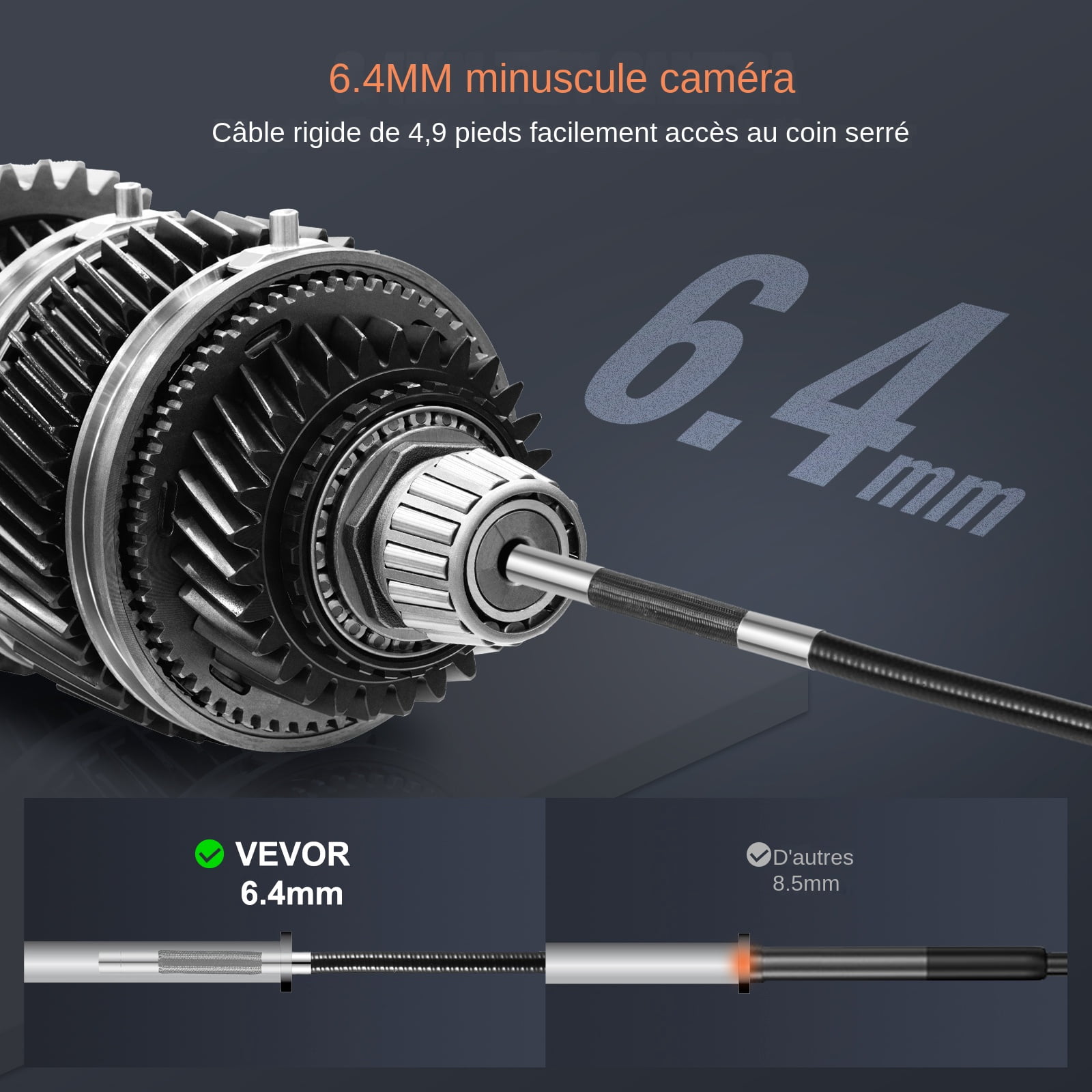 VEVOR Flexible Borescope Camera, Dual-Articulation Endoscope with 6.4mm Slim Lens, 5-inch IPS HD Display, 8X Magnification, 8 LED Illumination Snake Camera for Car Maintenance, Plumbing