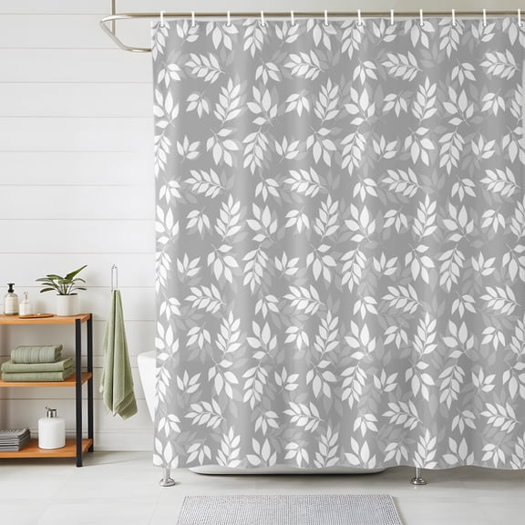 Grey White Leaves Shower Curtains for Bathroom, Spring Pastoral Rustic Botanical Waterproof Fabric Shower Curtain, Decorative Bathroom Curtain for Bathtub, 72"x72" , No Hooks Included