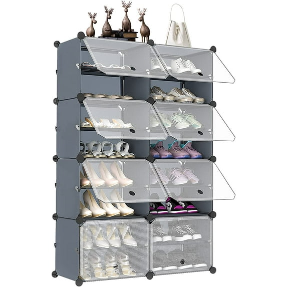ZXNYH Shoe Rack, 8 Cube 16-Tier Shoe Storage Cabinet 32 Pairs Plastic Freestanding Shoe Organizer DIY Shoe Shelves for Entryway Hallway Closet or Bedroom, White