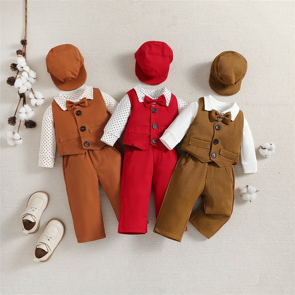 Boys Summer Outfits Baby Boys Formal Suit 4 Piece Set with Vest Romper Pants and Hat Boys' Clothing Sets Brown 18-24 Months