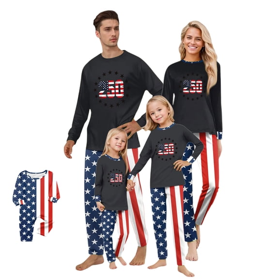 Independence Day Pjs Set, Usa 250 Years Family Matching Pajamas, Star Striped Print Long Sleeve Sleepwear Set for Whole Family, 1776-2026 Patriotic Loungewear for Independence Day