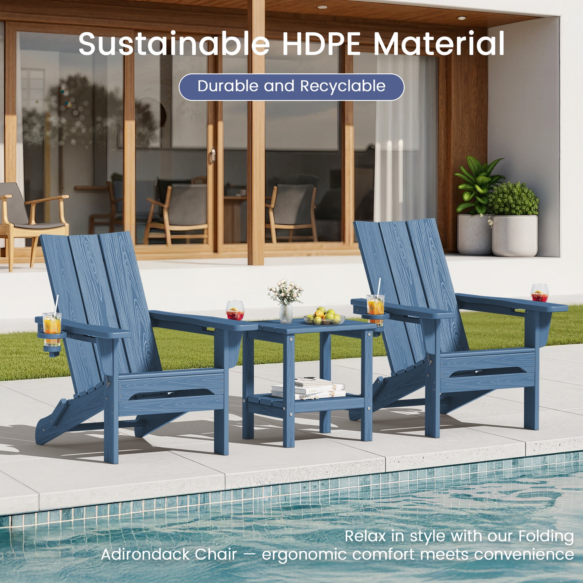 SERWALL Folding Adirondack Chair Set of 4 with Dual Cup Holders & Phone Holder, All-Weather HDPE Patio Chairs for Lawn, Garden, Deck, Outdoor Fire Pit Chair, Blue