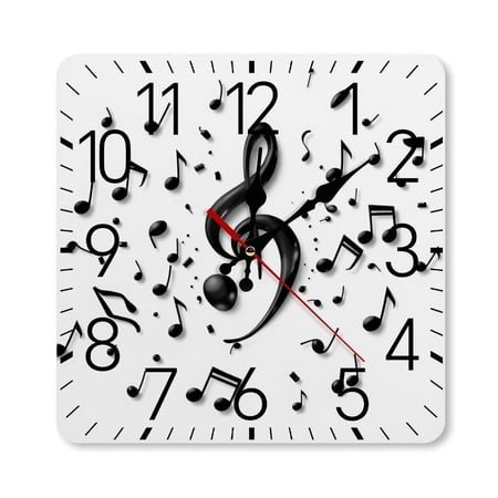 RKSupls 10×10inch Square Silent Wall Clock Wooden Frame, Music Treble Clef Notes Art Scale Decorative Clock for Home Bedroom Living Room Office
