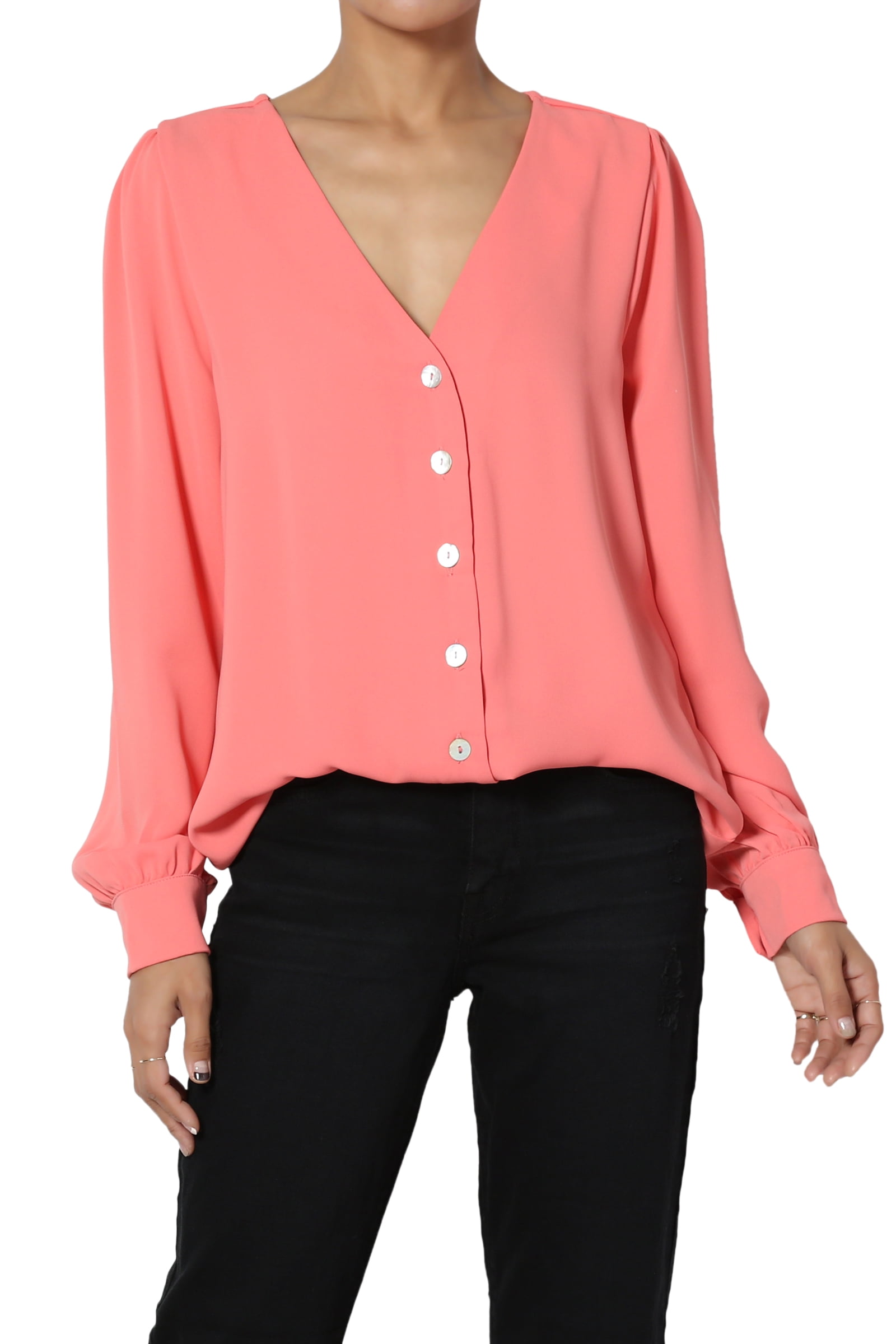 TheMogan Women's PLUS Ruched Shoulder V-Neck Button Front Long Sleeve Blouse