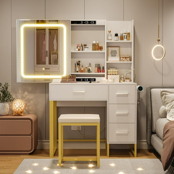 Makeup Vanity Desk with Sliding LED Lighted Mirror, Large Vanity Desk with 4 Drawers, Shelves & Charging Station, Vanity Table Set with Stool for Bedroom