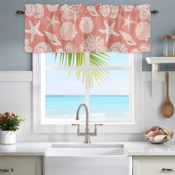 Valances for Windows Summer Seashell Coral Starfish on Pink Rod Pocket Short Curtain for Bathroom Living Room Bedroom Retro Marine Life 1 Panel 54x18in