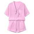 thumbnail image 2 of OGLCCG 2 Piece Cotton Linen Sets for Women V Neck Short Sleeve Tops and Wide Leg Shorts Summer Casual Beach Outfits with Pockets,L, 2 of 7