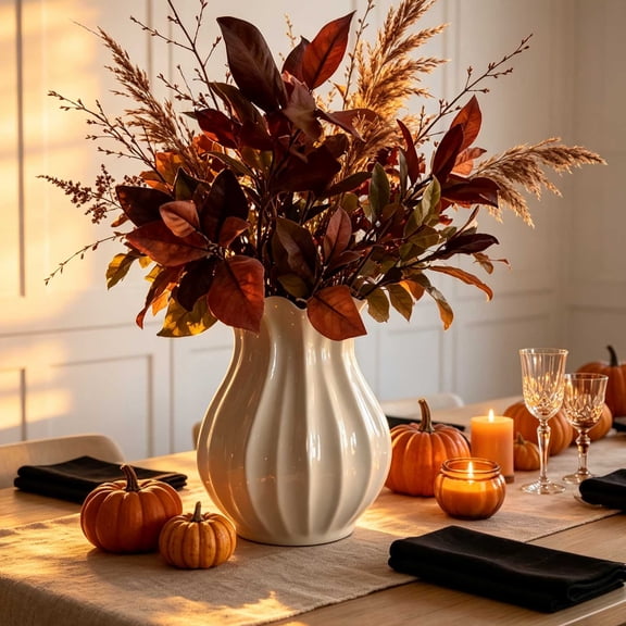 White Ribbed Ceramic Vase, Fluted Scalloped Edge Decorative Vase for Fall Floral Arrangement, Farmhouse Home Table Centerpiece for Thanksgiving Harvest Decor