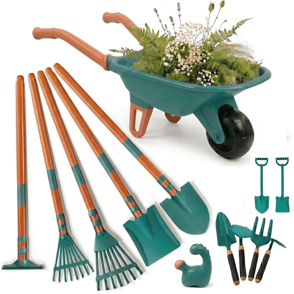 Ejoyoyin Garden Tools for Kids, Todderls Wheelbarrow Outdoor Toys for Boys Girls Ages 4 8, Kids Shovel Rake Gardening Pretend Play Set