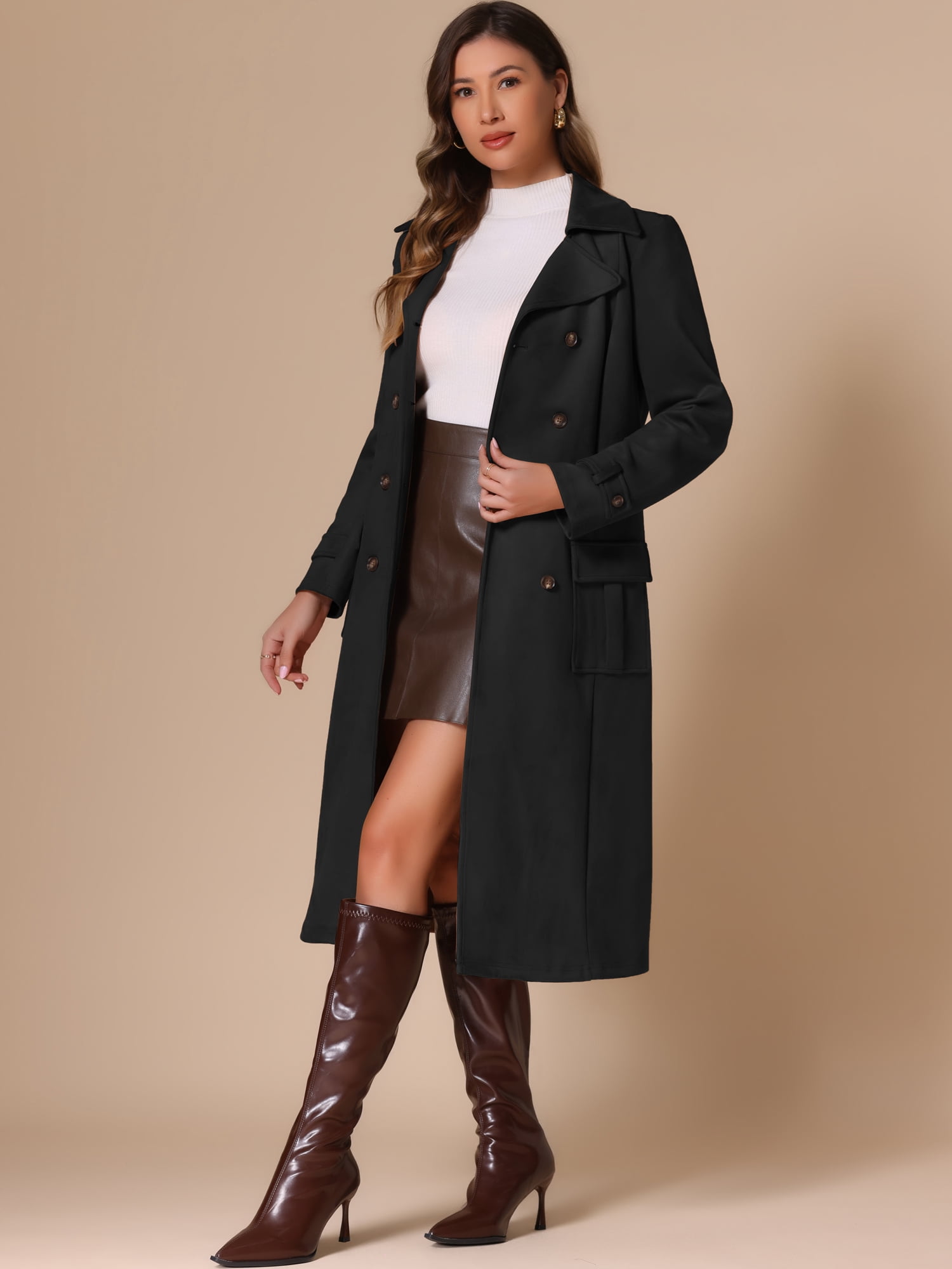 DARING DIVA Women's Long Faux Suede Fall Winter Trench Coat with Pockets M Black