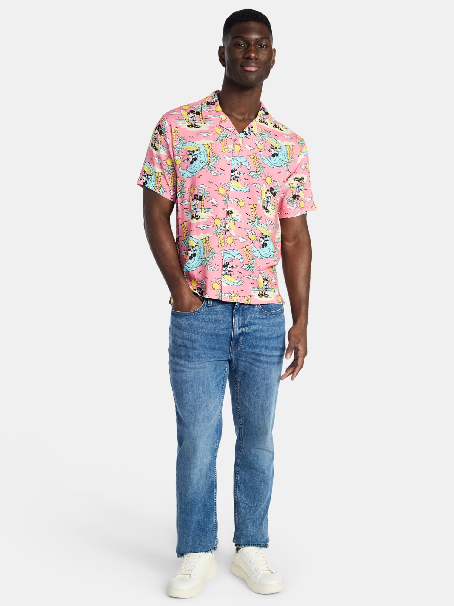 Disney, Men's & Big Men's Graphic Button-Up Shirt, Mouse Beach, Sizes XS-5XL