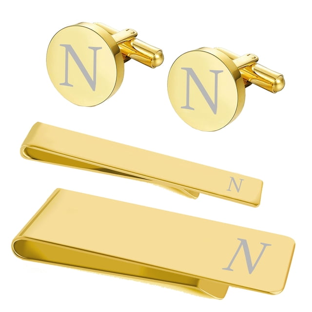 BodyJ4You 4PC Cufflinks Tie Bar Money Clip Button Shirt Personalized Initials Letter N Gift Set