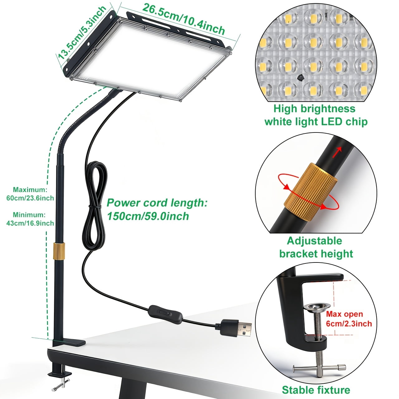 Clamp-Style USB LED Workbench Lamp, 144/96 White Light Beads, 6000K Daylight White, Adjustable Height & Angle, USB Plug with Switch, 59.06inch Power Cord, Plug-and-Play for Office Workshop Lighting