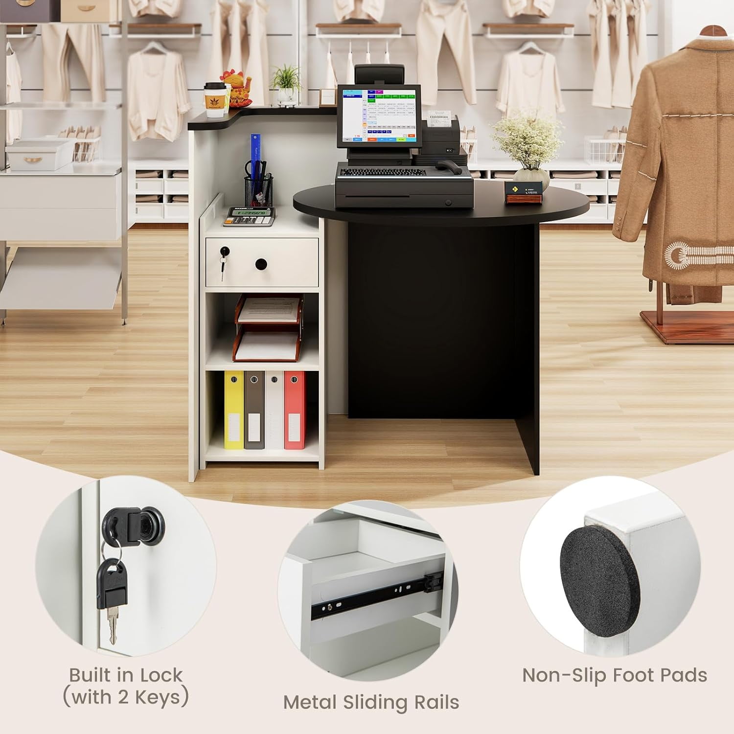 Reception Desk, Small Retail Checkout Counter with Lockable Drawer and Open Shelves, Wooden Front Desk Reception Counter, Oval Desktop & L Counter for Store Office Lobby Salon (Black & White)