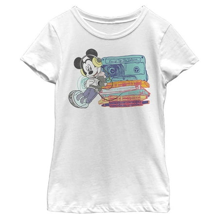 Disney Characters Mickey Tapes Girl's Solid Crew Tee, White, Large
