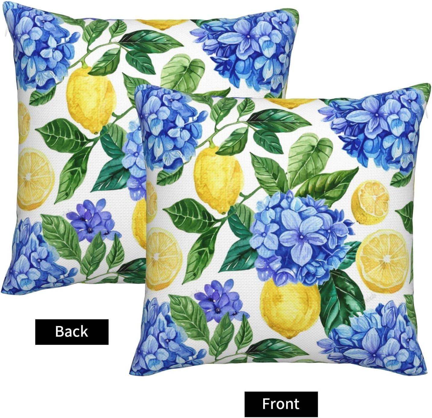 KiuLoam Summer Lemon Hydrangea Pillow Covers 18x18 Set of 2 Blue Yellow Floral Decorative Throw Pillow Covers Outdoor Farmhouse Cushion Cases for Sofa Couch Bed Living Room Decor