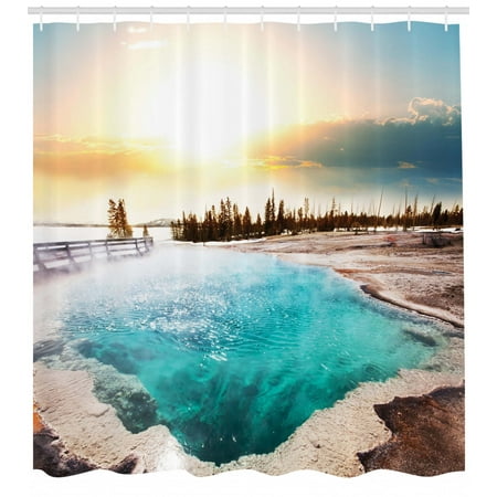 Yellowstone Shower Curtain, Hot Springs in Yellowstone National Park Sunshine Clouds Magical Earth Nature, Fabric Bathroom Set with Hooks, Turquoise, by (Best Way To See Yellowstone National Park)