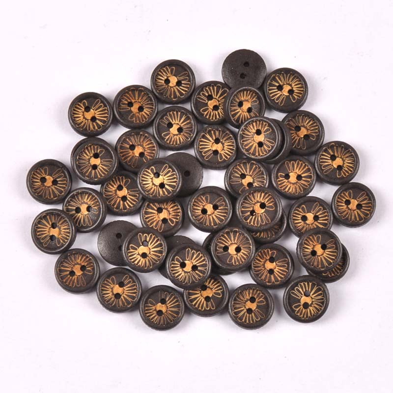 100pcs 12mm Dark Brown Round Flower Pattern Wooden Decorative Buttons for Sewing Scrapbooking Handmade