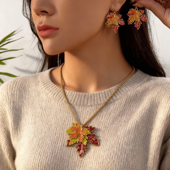 Top-kevin 14K Gold Plated Enamel Maple Leaf Jewelry Set, Fall‑Themed Leaf Pendant Necklace & Dangle Earring Set for Women, Autumn Statement Accessory for Party Daily Holiday Wear