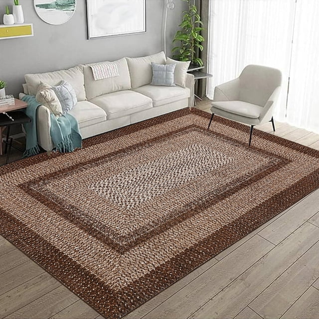 TROPOW Washable Area Rugs Modern Braided Print Rug Washable Rug Soft Bedroom Rug Non-Slip Non-Shedding Floor Carpet Low Pile Foldable Thin Rug for Dining Room Home Office Nursery
