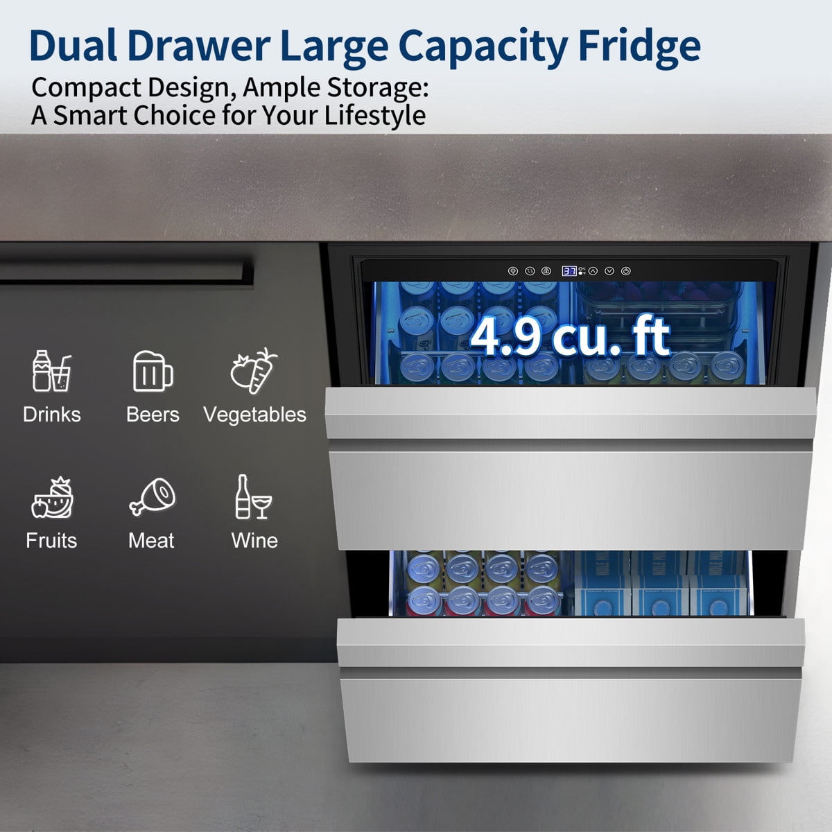 24-Inch Beverage Refrigerator Freestanding Or Built-In With Recessed Handle, Drawer Cooler, Under Counter, Locking Swivel Casters, Led Light, And Grid Organizer Home & Commercial Use