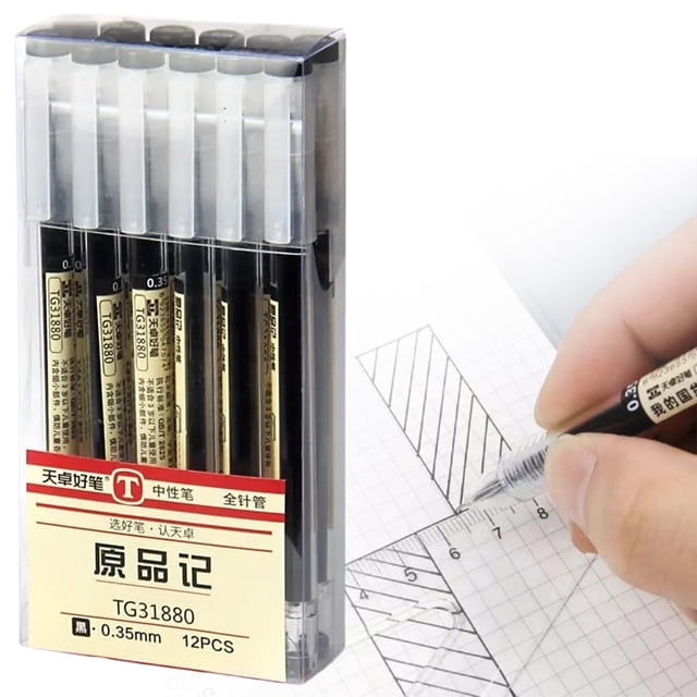 AKEGAMN Clearance! Gel Ink Pen Japanese Style Liquid Ink Rollerball Pens Quick Drying 0.35mm Point Ballpoint Maker Pen Premium For School Stationery Supply 12 Pcs/Set Black (24ml). The image shows a set of 12 black gel ink pens in a transparent case, with visible ink levels and fine 0.35mm tips. Ideal for office supplies, school stationery, and precise writing. A hand is using one pen to draw clean lines on graph paper.