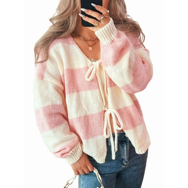 Chaqueta de Punto Holgada Informal con Cuello en V y Larga para Mujer, Cárdigan de Punto con Cordones y Rayas en Contraste. Rosa S