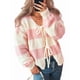 thumbnail image 1 of Chaqueta de Punto Holgada Informal con Cuello en V y Larga para Mujer, Cárdigan de Punto con Cordones y Rayas en Contraste. Rosa S, 1 of 10