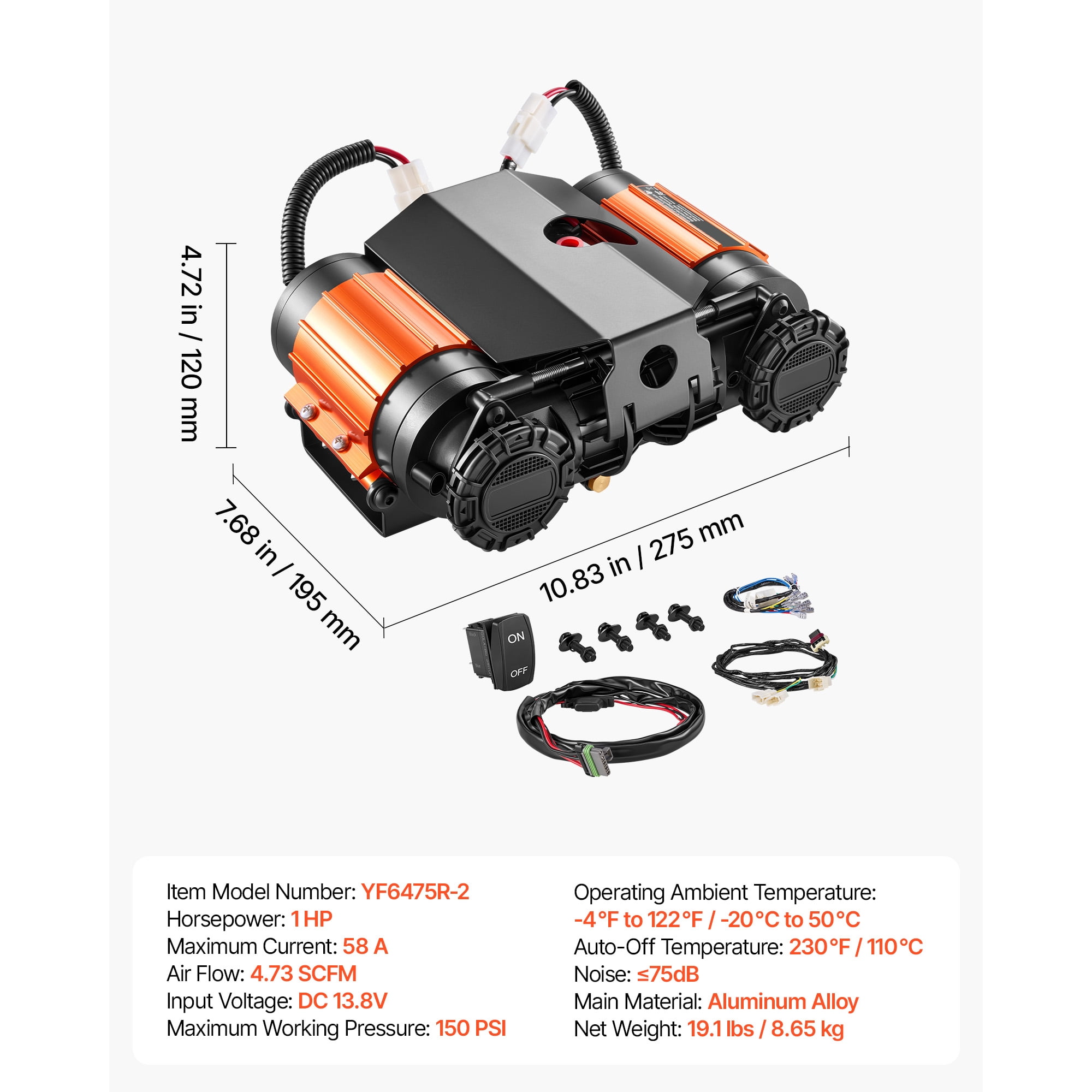 KFFKFF 12V Dual-Cylinder Air Compressor, 1HP 4.73 SCFM Portable Tire Inflator, Max 150PSI Heavy-Duty Air Pump with Differential Lock Harness for Trucks, SUVs, and Off-Road Vehicles