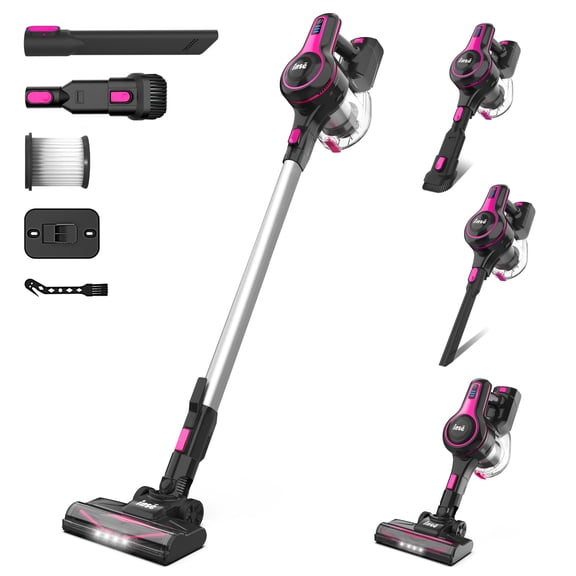 Aspiradora Inalámbrica INSE - Diseño de Tubo Recto, 6 en 1, Recargable y Ligera, Perfecta para Alfombras, Suelos Duros, Pelo de Mascotas y Hogar, Color Rojo Rosa