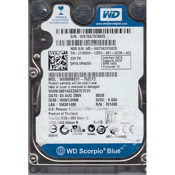 WD800BEVT-75ZCT2, DCM HHNTJHNB, Western Digital 80GB SATA 2.5 Hard Drive